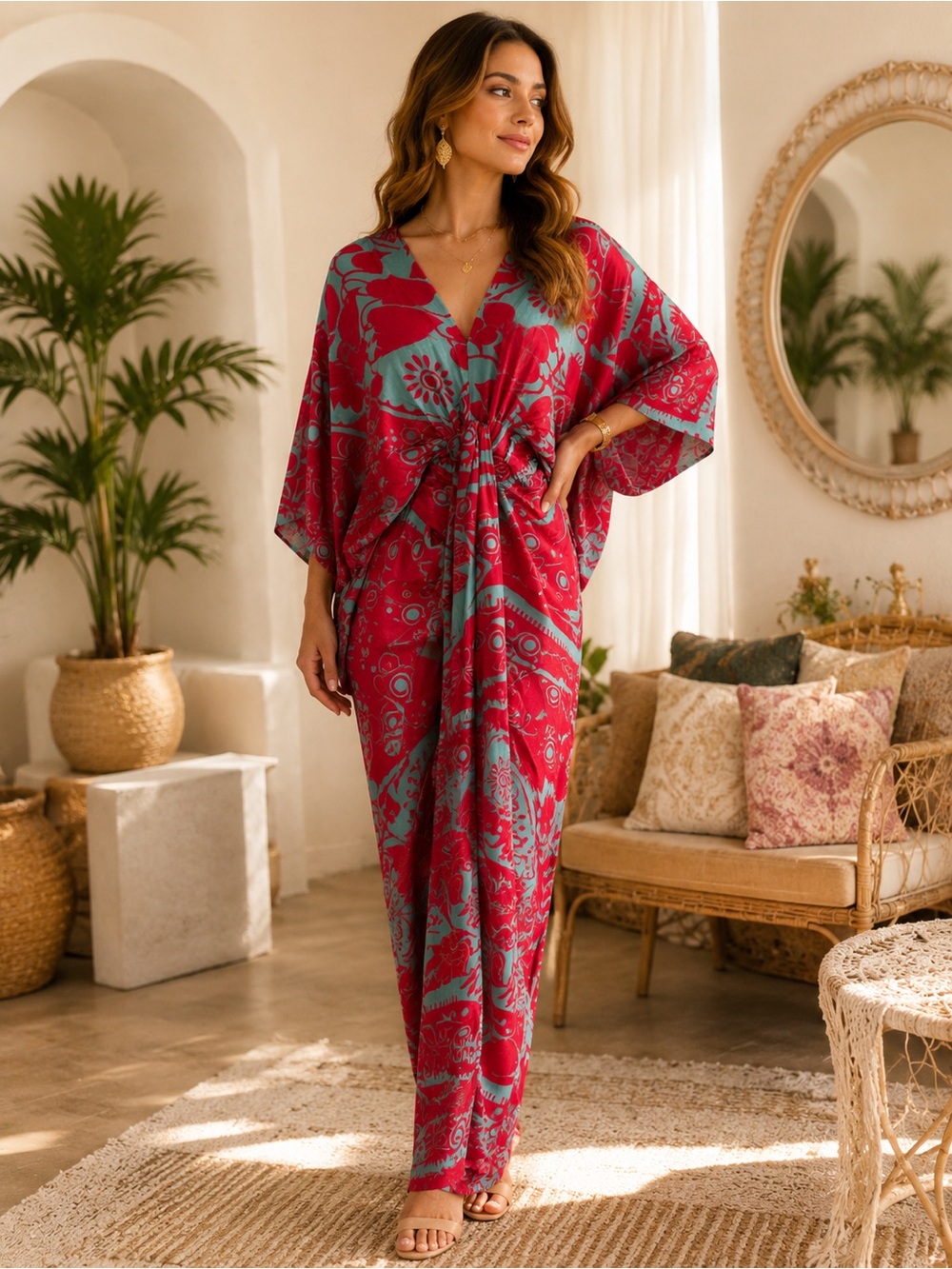 Sissel Edelbo Upcycled Kimono sleeve Red & Teal Paisley Maxi Kaftan Dress S/M